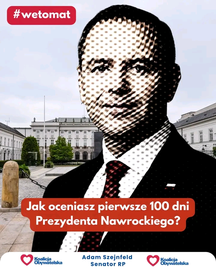 „Oceniam pierwsze 100 dni prezydentury Nawrockiego bardzo negatywnie. Zamiast realnych działań i prób budowania współpracy widzimy jedno weto po drugim, blokowanie inicjatyw i polityczne przepychanki. Zamiast stabilności mamy narastające konflikty. A jak Ty oceniasz PKN?”
